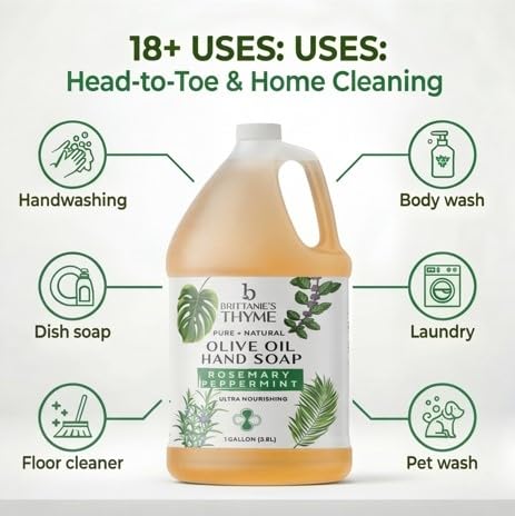 Brittanie's Pure Organic Castile Liquid Olive Oil Soap Refill, Rosemary Peppermint, 1 Gallon | Face, Body Wash, Dishes, Pets & Laundry | Vegan & Gluten Free Non-GMO