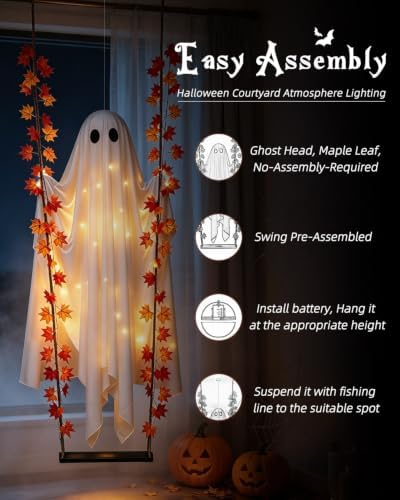Large 6FT Halloween Swinging Ghost Decoration, Light Up Hanging Ghost