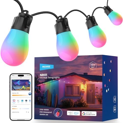 NEEWER 48ft Outdoor String Lights, App Control Smart AI RGBW Hanging, NR01