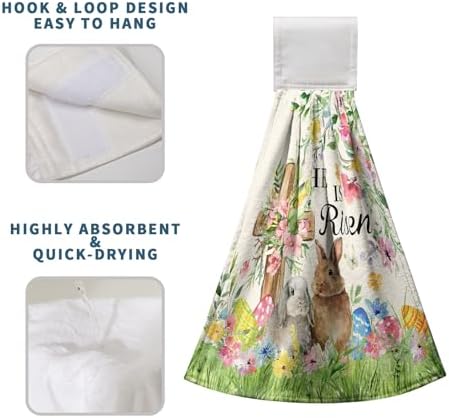 2 Pcs Easter Bunny Hanging Hand Towels He is Risen Rabbits Floral Cross Easter Eggs Kitchen Towels with Hanging Loops Spring Holiday Decorative Dish Cloth Kitchen Tie Towels