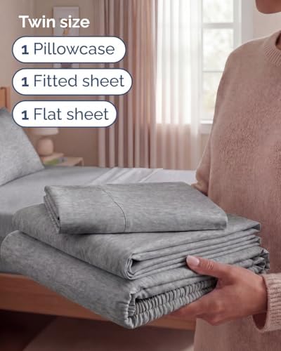 Twin Size 3 Piece Sheet Set - Breathable & Cooling Sheets - Heathered Grey