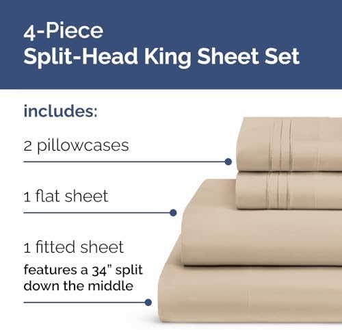 Flex Top Split Head King 4 Piece Sheet Set - Ultra-Soft, Breathable - Wheat