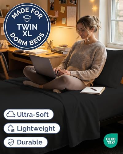 Twin XL Size 3 Piece Sheet Set - Comfy Breathable & Cooling Sheets - Black