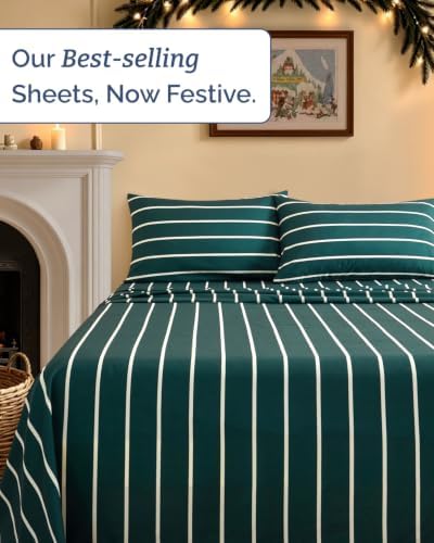 Christmas Sheet Set, Pine Stripe, Holiday Xmas Bedding Set - Cal King Size
