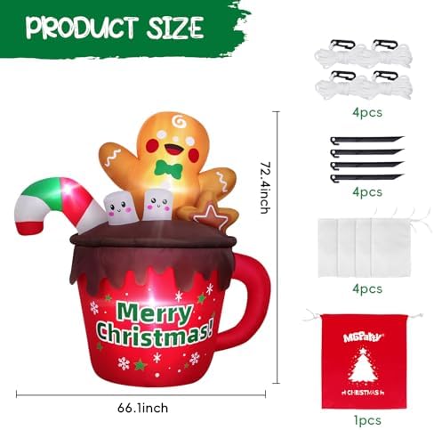 6FT Christmas Inflatables Outdoor Decorations, Gingerbread Christmas Inflatable Hot Cocoa Mug with Built-in LEDs Blow Up Christmas Decoration for Garden Lawn Yard Patio Xmas Inflatable