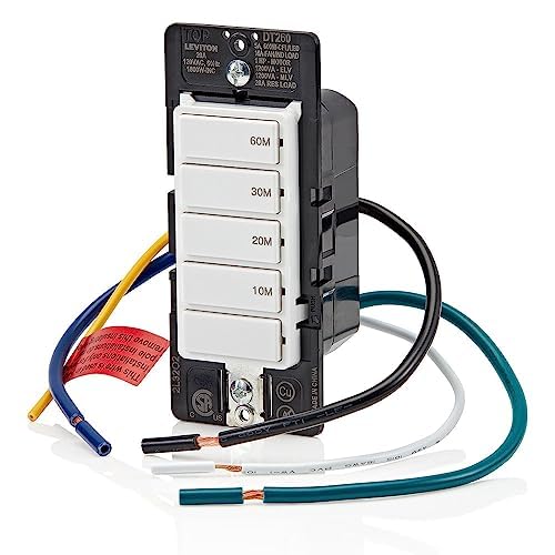 Leviton Countdown Switch for bathroom household lights, 10-20-30-60 min, Neutral Wire Required, 20A, 1HP/16A Fan/Motor, Single Pole, Multi-Way or Multi-Timer, DT260-1LW, White