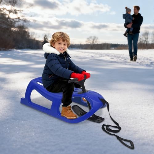 Blue Snow Sled for Kids Single Rider Winter Sleigh with Steering Whee