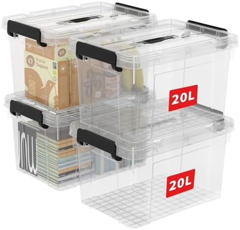 Cetomo Lidded Storage Bin with Handle, Storage Bins with Lid, Organizing Container with Secure Latching Buckles, Stackable and Nestable, Plastic, 25 Quart-4 Pack, Clear