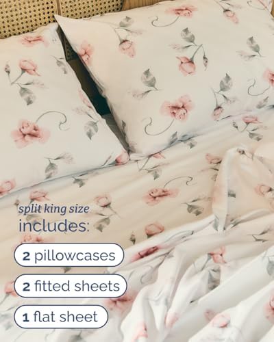Split King 5 Piece Floral Sheet Set - Soft, Breathable & Cooling - Rosebud
