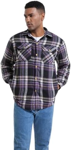 Men's Sherpa Cotton Flannel Shirt Jacket Plaid Button Coat Pocket