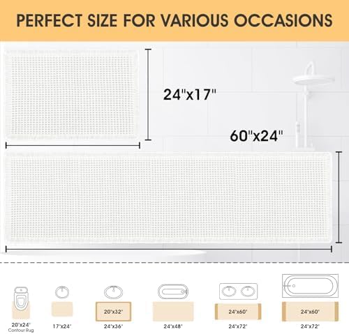 IM HOME Waffle Bath Mat Set 2 Piece White,Woven Modern Bath Rug Mats, Absorbent Non Slip Bath Floor Mat, Soft Washable Boho Bath Rugs with Tassels for Bathroom, Bedroom, Kitchen,Tub