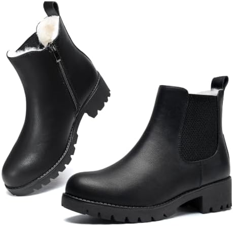 Chelsea Boots Women Winter Boots Fur Lined Chunky Lug Sole Ankle Booties