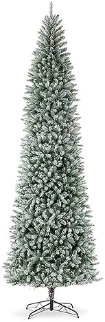 Glitzhome 11ft Prelit Artificial Christmas Tree, Snowy Splendor Fir Hinged Pencil Christmas Tree Holiday Decoration with 950 Warm White Lights and Foldable Metal Stand, Easy Assembly