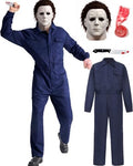 Men's Navy Halloween Jumpsuit Costume Set, Horror Mask, Prop knife, Gauze