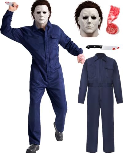 Men's Navy Halloween Jumpsuit Costume Set, Horror Mask, Prop knife, Gauze