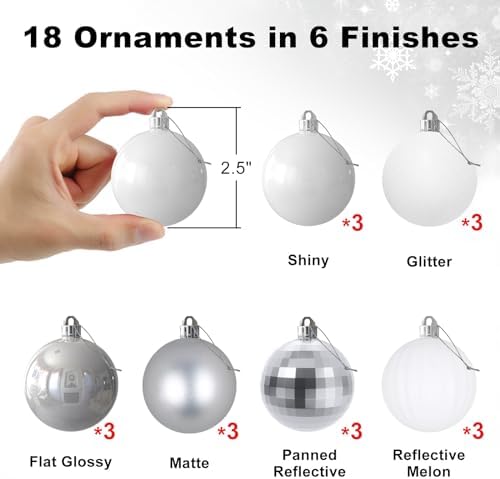 White & Silver 2.5" Christmas Balls Christmas Tree Decoration Ornaments Shatterproof Hanging Balls for Birthday Halloween Holiday Wedding Decorations Set of 18pcs