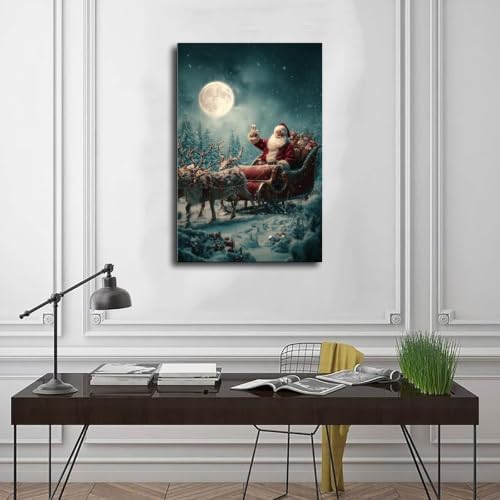 JDBeehpy Santa Claus Sleigh Reindeer Vintage Home Decor Framed 12x18inch