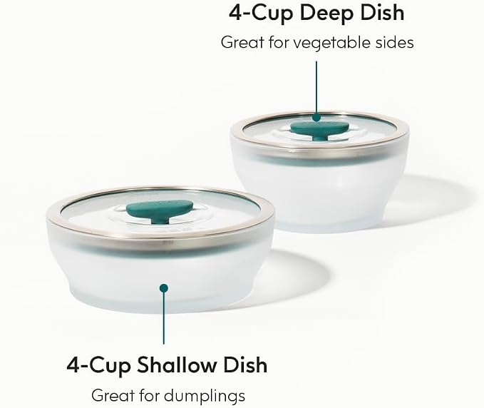 Anyday 4-Pc Microwave Cookware Set with Glass Lids, Medium (Kale) | Food Storage, Steamer, Plastic Free Containers, Vented Glass Lid, Microwave-Safe Reheating & Steaming Vegetables, Rice