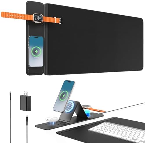 2nd Gen Wireless Charging Desk Mat,3-in-1 Foldable Phone Holder Mouse Pad