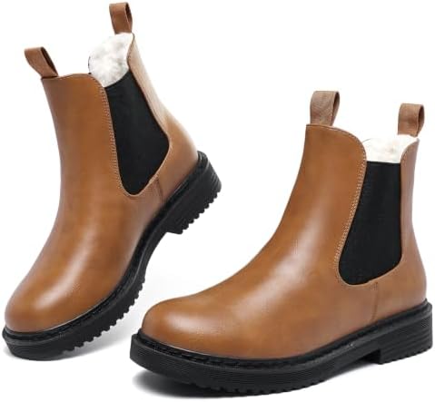 Womens Winter Chelsea Boots Warm Faux Fur Lined Chunky Lug Ankle Booties