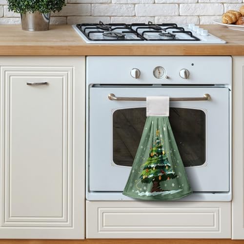 Christmas Xmas Tree Hanging Kitchen Towels Set of 2 Winter Cardinal Snow Hand Towel with Hanging Loop Snowy Snowflakes Star Dish Towel Soft Absorbent Bath Tie Towel for Bathroom Farmhouse Decor