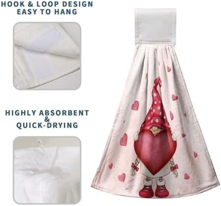 Valentine's Day Heart Hanging Kitchen Towels Romantic Gnome Bouquet Hand Towel with Hanging Loop Red Pink Love Dish Towel Soft Absorbent Fingertip Bath Towels for Bathroom Decor Set of 2