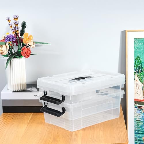 Cetomo Lidded Storage Bin with Handle, Storage Bins with Lid, Organizing Container with Secure Latching Buckles, Stackable and Nestable, Plastic, 18 Quart-4 Pack, Clear