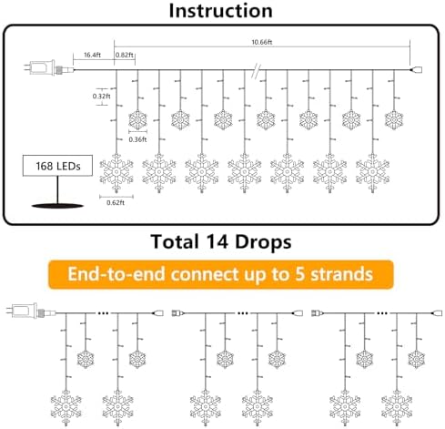 Christmas Snowflake Lights, 10.66ft 168 LED Icicle Lights Outdoor with 14 Drops, 8 Modes Waterproof Connectable Christmas Light for Eaves Wedding Garden Yard Indoor Xmas Decor (White & Icicle Blue)