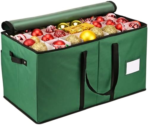 Christmas Ornament Storage Box, Mrrihand Xmas Decoration Organizer with Adjustable Dividers - Storage Container Keeps 128 Holiday Ornaments 3-Inch, Dual Zipper Closure, 600D Tear-Proof Material(Green)