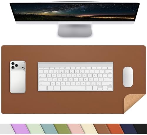 AFIING Leather Desk Mat, Brown, 31.5" x 17", Cork Desk Pad Protector