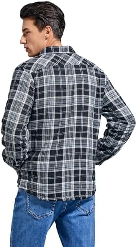 Men's Sherpa Cotton Flannel Shirt Jacket Plaid Button Coat Pocket
