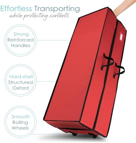 Hearth & Harbor Wrapping Paper Storage Container with Ribbon Dispenser and Interior Pockets - Large Christmas Storage Containers with Wheels, Fits 30 Rolls of 40" Length, Red