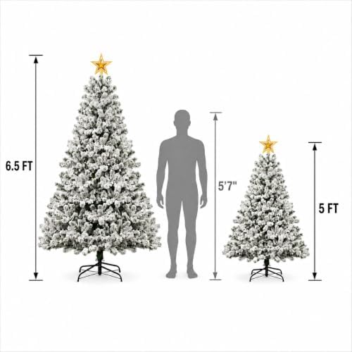 XtremepowerUS 6.5FT Pre-Lit Snow Flocked Artificial Christmas Tree with Warm White Lights, Snowy PVC Branch Tips & Gold Star Topper, Green & White Holiday Christmas Tree