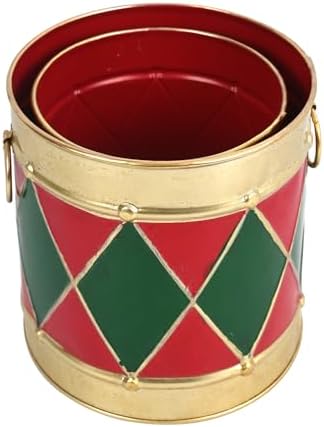 2-Piece Christmas Metal Drum Buckets Set - Festive Ice Bucket & Storage for Small Plants/Ornaments/Candies, Round Decorative Pails for Party Table Centerpieces & Home Mantel Display
