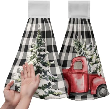 Christmas Hanging Kitchen Towels Winter Buffalo Plaid Red Truck Xmas Tree Hand Towel with Hanging Loop Black and White Check Christmas Dish Tie Towels Fast Drying Washcloth for Bathroom Set of 2