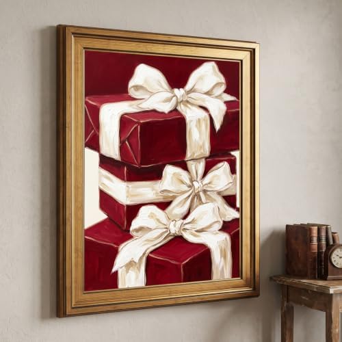 Framed Canvas Wall Art Painterly Gift Boxes Deep Red Wrapping with Thick White Ribbons Canvas Print Poster Gold Frame Wall Decor for Dining Room and Living Room Festive Art, Holiday Decor - Inch 24x36