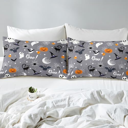 Halloween Theme Sheet Set Kids Boys Girls Pumpkin Lantern Fitted Sheets Set Full Size Owl Cat Ghost Bedding Sheet Sets Includes 1 Flat Sheet,1 Fitted Sheet,2 Pillowcases