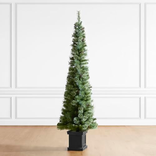Glitzhome 7 FT Pre-Lit Artificial Christmas Tree, Lighted Entrance Tree Green Pine Christmas Porch Tree with 200 Warm White Lights,9 Functional Warm White/Multi-Color, Remote Controller