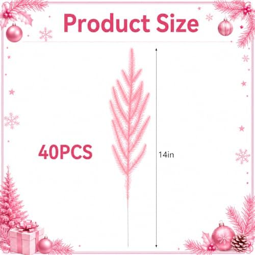40 Pcs Pink Artificial Christmas Pine Branches, Pink Christmas Tree Picks
