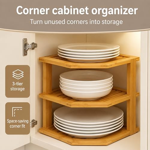 Bambüsi 3-Tier Corner Shelf, Kitchen Cabinet Organizer, Bamboo Storage Rack