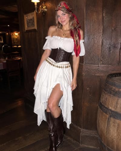 8 Pcs Pirate Costume Women Renaissance Dress Set, Medieval Pirate Outfit for Women with Corset Belt and Accessories