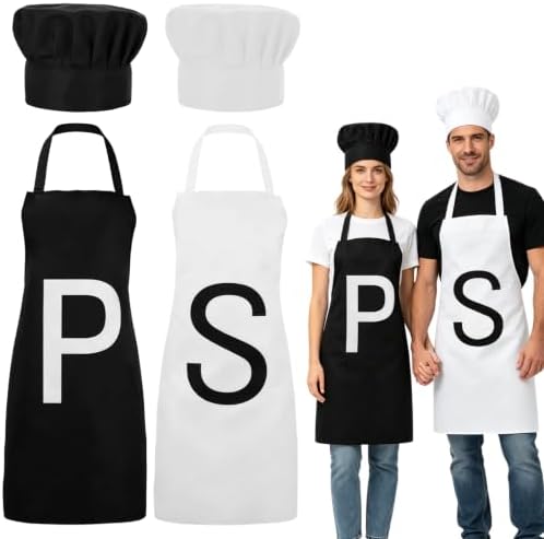 4 Pcs Salt and Pepper Costume Set for Adults - Classic Condiment Themed Couple Outfit - P & S Apron, Black & White Chef Hat - Matching Pair Costume Accessories for Adult Halloween Party