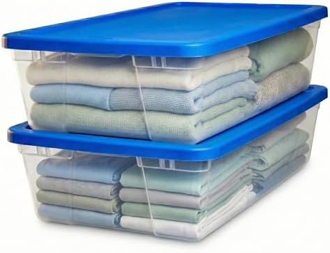 HOMZ 2-Pack Snaplock, Large Clear Plastic Storage Organizer Bins w/Lids, 41 Quart, Blue - Stackable Container Boxes for Bedroom, Bathroom, Garage, and Office Organization