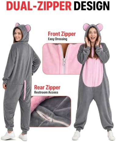 5 Pcs Adult Mouse and Chef Costume for Couples, Gray Rat Jumpsuit Set