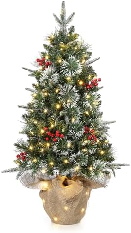 GarveeHome 3 ft Pre-Lit Artificial Mini Christmas Tree, Table Top Christmas Tree with 85 Warm White Led Lights, Cloth Bag Base, Battery Operated Outdoor Xmas Decor for Tabletop or Desk,1 Pack
