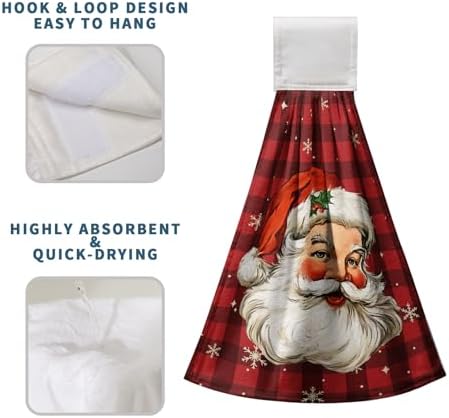 Santa Claus Christmas Hanging Hand Towels Set of 2 Red Black Buffalo Plaid Xmas Kitchen Towels with Hanging Loop Winter Holiday Oven Stove Dish Cloth Soft Absorbent Bath Tie Towel for Bathroom Decor