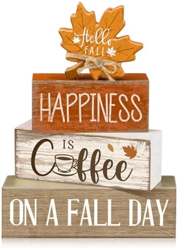 Lineshading 4 Pcs Fall Table Decor Maple Leaf Coffee Sign, Wood Block Set