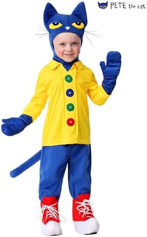 Pete the Cat Costume for Toddlers, Blue Cat Jumpsuit, Children's Storybook Character for Dress-Up & Halloween