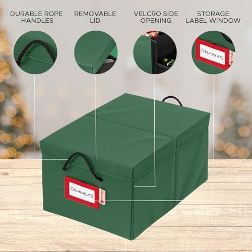 HOLDN’ STORAGE Christmas Ornament Storage Box with Dividers, Holds 72 Ornaments (3 Inch), Large Ball Storage Container with 3 Removable Trays, Durable and Portable - Green