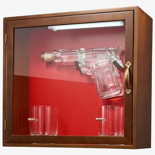 The Wine Savant Pistol & Bullet Shot Glasses Hanging Wall Display Case With Light - 7.7 Pistol Gun Decanter & 10oz Glassware - Military, Veteran Gifts, Law Enforcement Home Bar, Drinking Accessories